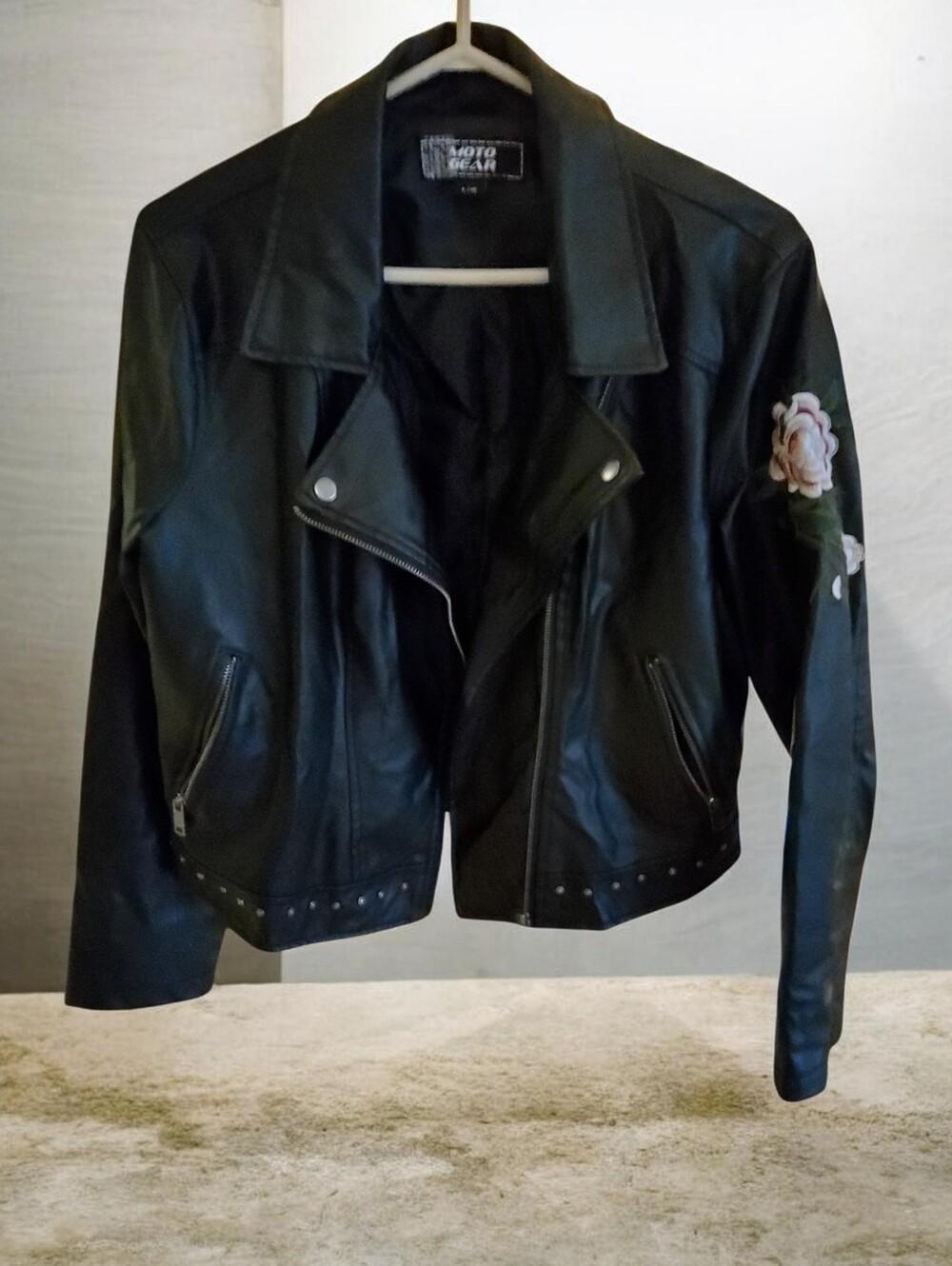 Moto Gear Black Faux Leather Moto Jacket with Studded Hem And Embroidery